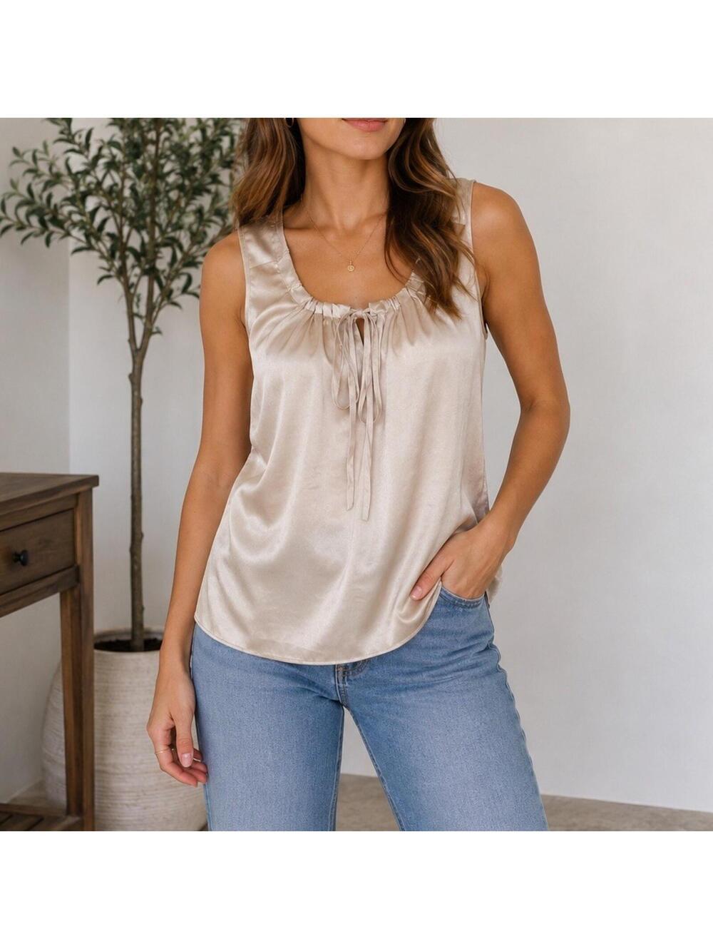 Spense Champagne Satin Sleeveless Blouse Womens Small Elegant Office Party Top